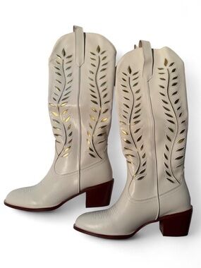 Women’s White Cutout Western Cowboy Boots Mid Calf Block Heel Pull On Size 38